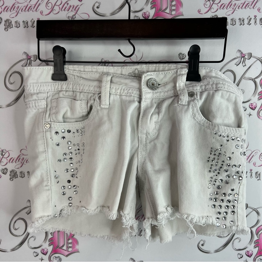 Almost Famous shorts rhinestone diamonds studs White Studded Jean Shorts